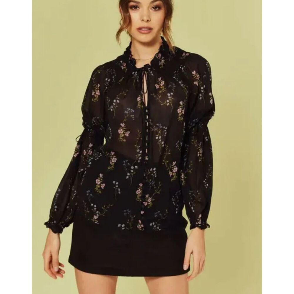 FOR‎ LOVE AND LEMONS Delta Floral Silk Blouse Black Small